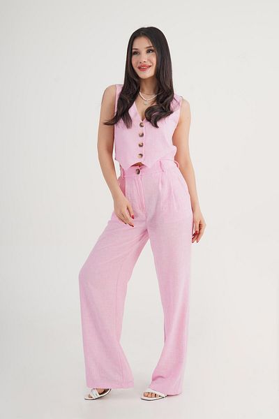 Hipo Trend Linen Vest Pants Pink Double Suit