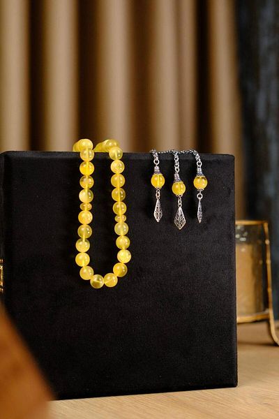dergah tesbih Premium Silver Design Original Drop Amber Prayer Beads (Amber), (مسبحة قطرة كهريبار)