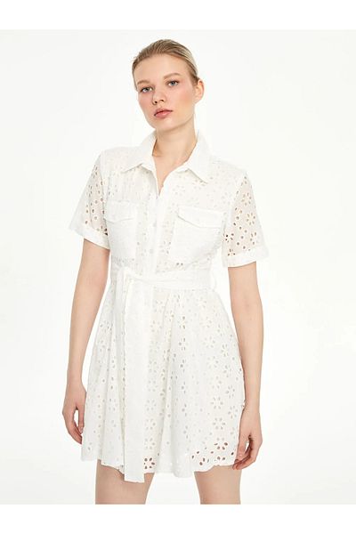 LC Waikiki Lcw Vision Ecru Embroidered Belted Mini Shirt Dress