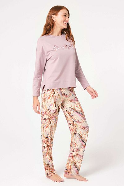 Organza Butik Long Sleeve Crew Neck Modal Floral Pattern Winter Knitted Regular Waist Embroidery Detail Pajama Set