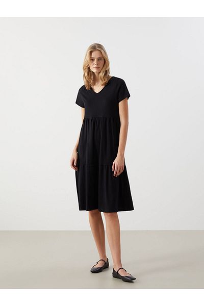 LC Waikiki Lcw Comfort Black V-Neck Women's Dress S5Gq63Z8Nvy25