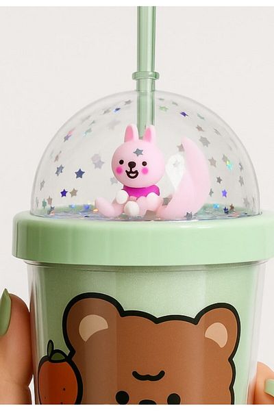 BiTon Toptan Water Bottle with Straw, Led Light, Double Layer Mica Water Bottle, Teddy Bear Themed 2092 Green