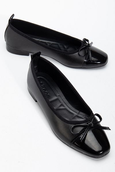 Tonny Black Women's Black Bow Ballerina Ballerina with Straw Detail on the Side