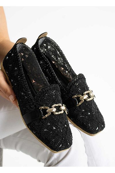 VENUCIA Chain Detailed Breathable Flexible Summer Knitted Model Straw Casual Women's Ballerina Shoes