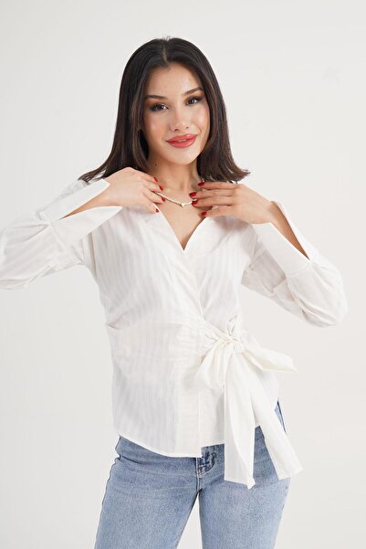 Hipo Trend Thick Line Side Tie Regular Cream Shirt