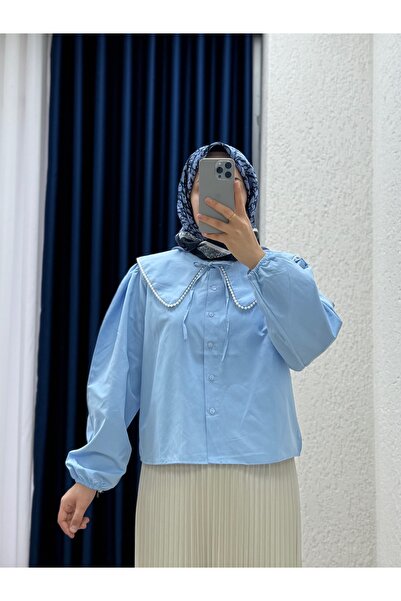 Mihra Sanonia Κοντό Πουκάμισο Ποπλίνα με Πέρλες στο Γιακά-NA792 Baby Blue