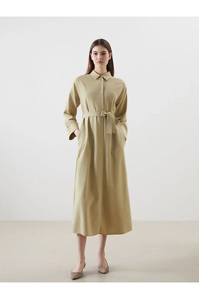 LC Waikiki Lcw Modest Green Linen Blended Women's Shirt Dress
