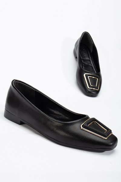 Tonny Black Women's Black Oval Toe Ballerinas with Buckle Detail on the Front