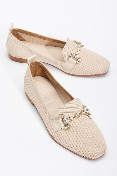 Tonny Black Women's Beige Front Buckle Detailed Knitwear Ballerinas
