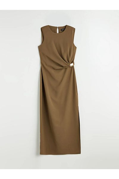 LC Waikiki Lcw vision khaki bicycle collar gathered crepe dress