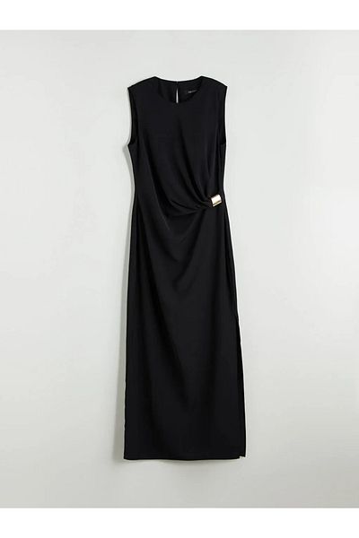 LC Waikiki LCW Vision Black Crepe Crepe Dress with Crewneck Shirred
