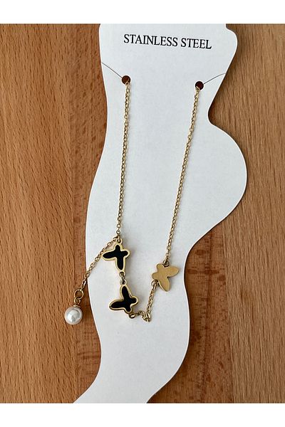 JELLY Women's Steel Gold Colored Black Enamel Pearl Butterfly Model Anklet