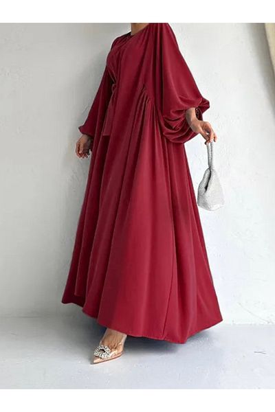 Other Elegant Wine Red Color Balloon Sleeves Two Piece Abaya Dress