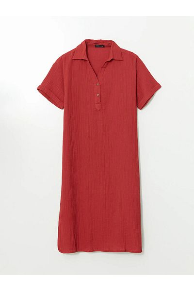 LC Waikiki Lcwaikiki Classic Beige Shirt Collar Textured Oversize Women's Dress