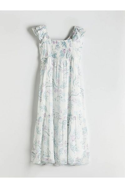 LC Waikiki Lcw comfort ecru u-neck floral chiffon dress