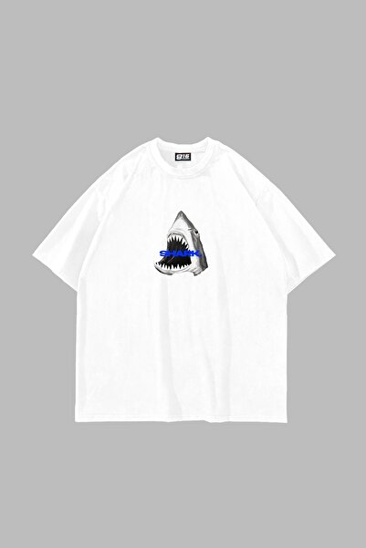 Bak Moda تيشيرت أبيض كبير الحجم مطبوع عليه سمكة قرش للجنسين