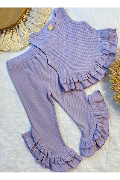 Portakal Bebek Thin Waffle Fabric Ruffle Girls' Bottom Top Set