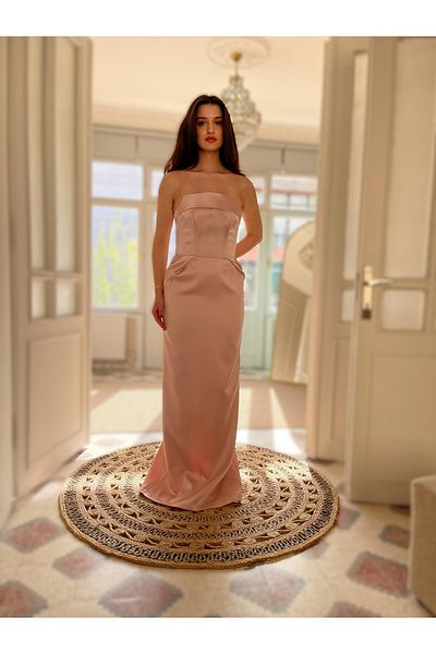 Biçanta Satin Fabric Strapless Modern Fit Evening Dress Wedding Engagement Graduation