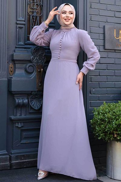 Neva Style Φόρεμα με λεπτομέρεια με κουμπί ανοιχτό λιλά 2703alıla