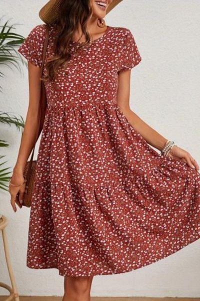 Mossta Short Sleeve Crew Neck Floral Print Single Jersey Dress - Burgundy