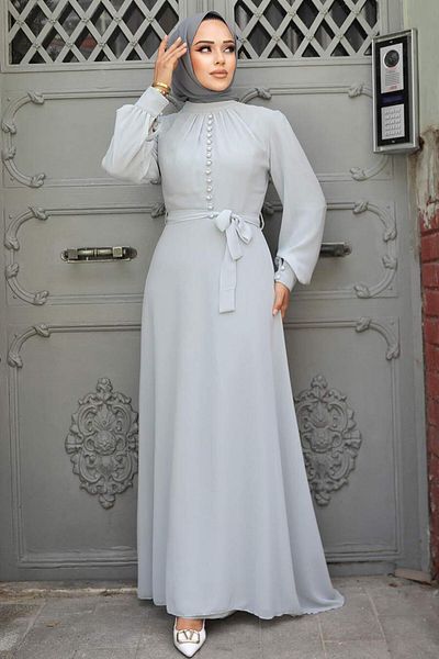 Neva Style فستان حجاب رمادي بتفاصيل أزرار 2703gr