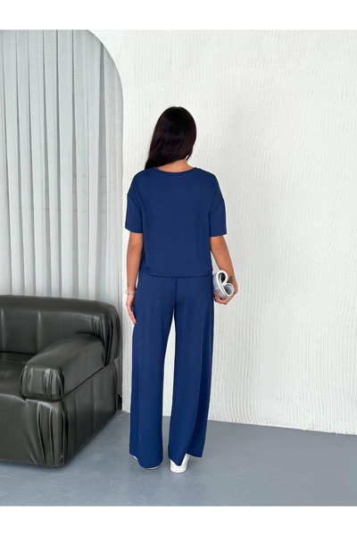 velmorafashion -Velmora Crew Neck T-Shirt Wide-Leg Pantalon Two-Piece Set - Cobalt Blue -Vlmr