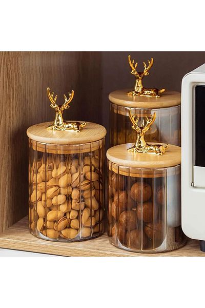 Kezze 3-Piece Borosilicate Glass Storage Container Jar with Bamboo Lid, Glass Deer Figure, Stylish Striped Kitchen Set