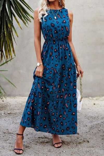 Mossta Crew Neck Sleeveless Maxi Dress with Elastic Waist - Blue