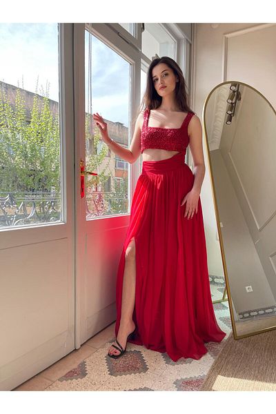 Biçanta Tube Beads Sequin Embroidered Abdomen Low-Cut Chiffon Tulle Skirt Slit Evening Dress Wedding Engagement