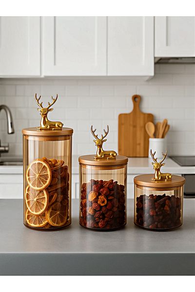 Kezze 3-Piece Borosilicate Glass Storage Container Jar with Bamboo Lid, Glass Deer Figure, Stylish Striped Kitchen Set