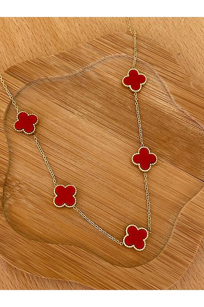 JELLY Women's Steel Gold Color Red Enamel Flower Model Necklace