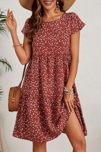 Mossta Short Sleeve Crew Neck Floral Print Single Jersey Dress - Burgundy
