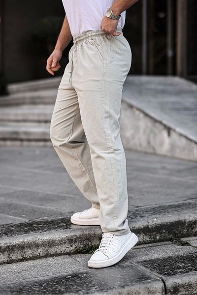 1blood Gray Color Men's Summer Linen Blend Relaxed Trousers - Gray
