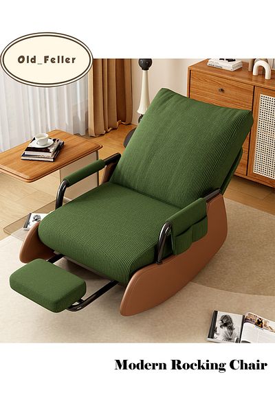 Old_Feller Modern rocking chair with footrest, side pockets & adjustable high back. For balcony, living room