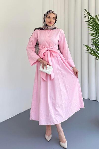 Modaensarbutik Çapraz Düğme Detaylı Bağlamalı Poplin Tesettür Elbise-PEMBE