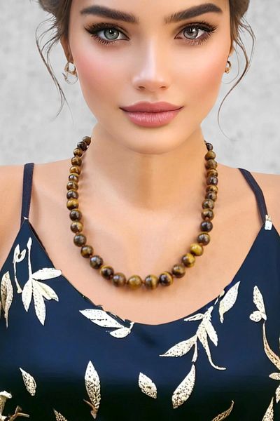 Pozitif Doğal Taş Functional Tiger's Eye Necklace Adjustable Natural Stone Design 456-2