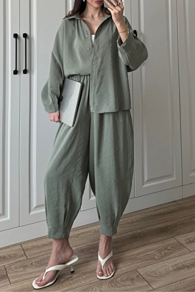 Suziş KADIN ÇAĞLA YEŞİLİ OVERSİZE GÖMLEK ŞALVAR PANTOLON PANTOLON TAKIM 50957