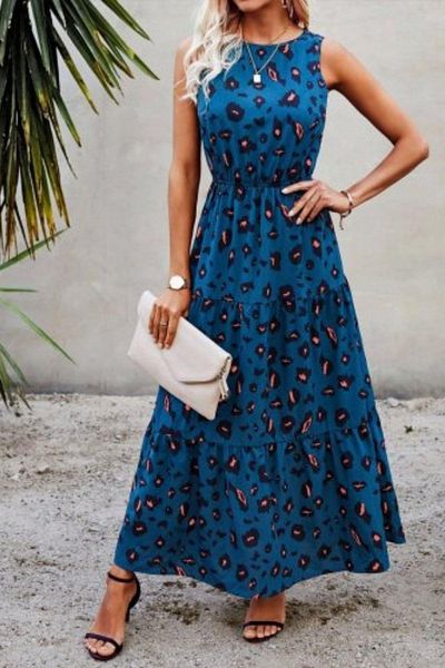 Mossta Crew Neck Sleeveless Maxi Dress with Elastic Waist - Blue
