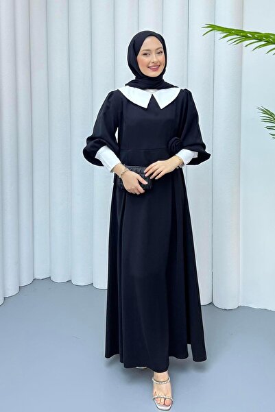 Modaensarbutik Bebe Yaka Kol Detaylı Tesettür Elbise-SİYAH