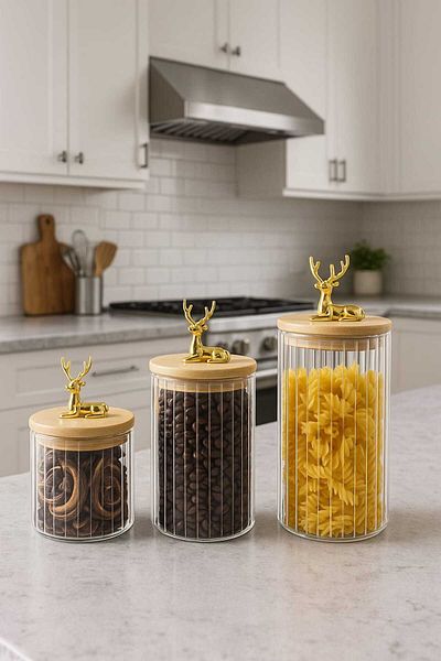 Kezze 3-Piece Borosilicate Glass Storage Container Jar with Bamboo Lid, Glass Deer Figure, Stylish Striped Kitchen Set