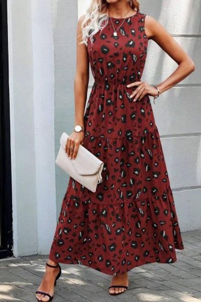 Mossta Crew Neck Sleeveless Maxi Dress with Elastic Waist - Red