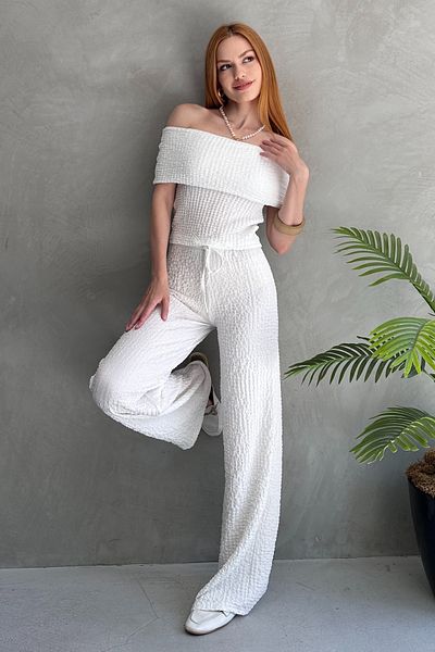 EYLANA Ecru Madonna Collar Bubble Blouse Elastic Waist Pants Suit