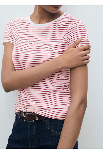 MANGO Woman Logolu çizgili tişört