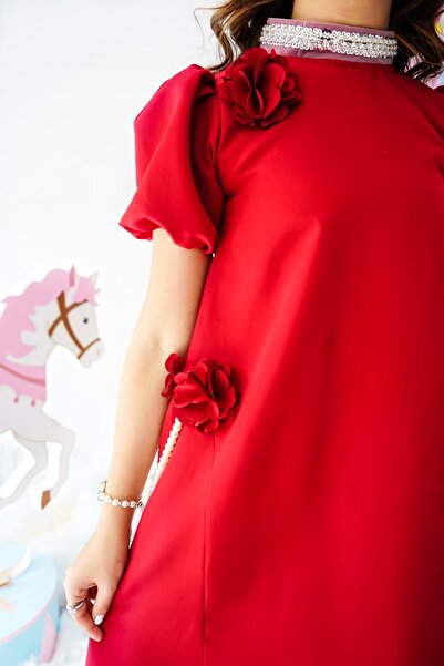 Totikids Girls' red dress with elegant design and rose and pearl decorations - 1011