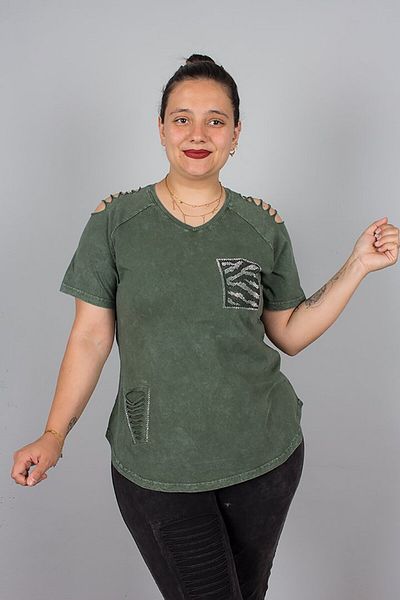 Truva XXL Green V-Neck Shoulder Detail Stoned Washed Cotton Blouse – Stylish and Comfortable Design