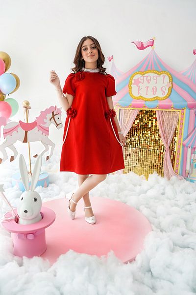 Totikids Girls' red dress with elegant design and rose and pearl decorations - 1011
