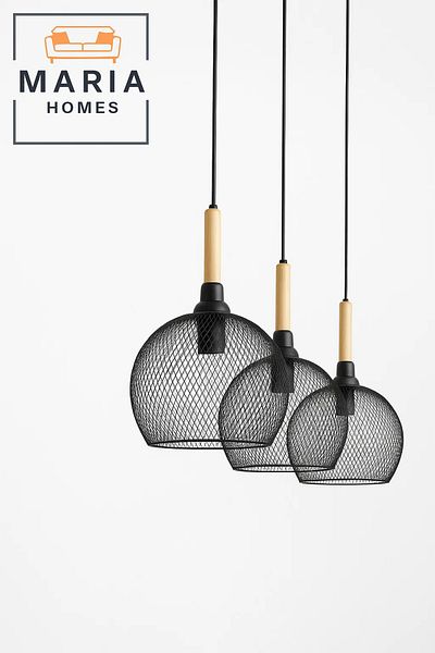 MARIA HOMES Triple Black Wire Mesh Pendant Light with Wood Tops