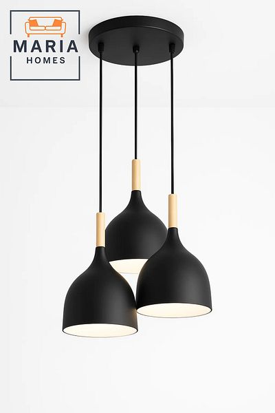 MARIA HOMES Triple Matte Black Pendant Light with Wood Accent