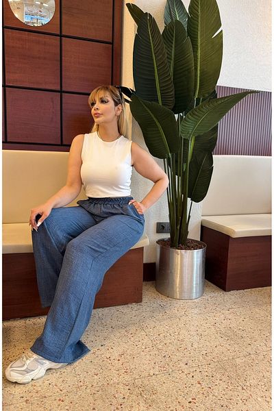 Butik Nilyam Women's Plus Size Sofia Linen Casual Trousers with Elastic Waist and Pockets 21070