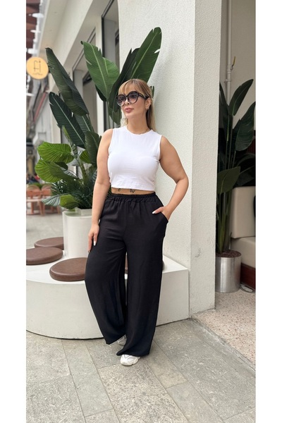 Butik Nilyam Women's Plus Size Sofia Linen Casual Trousers with Elastic Waist and Pockets 21070